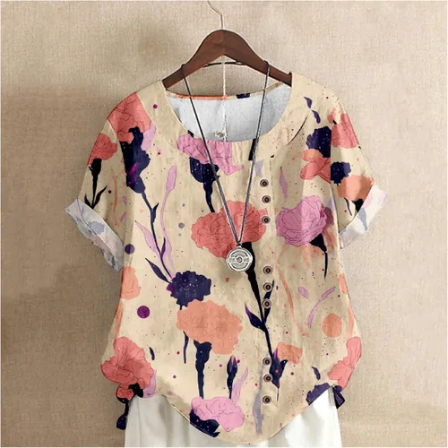 Vista 2 de domirica Camisetas de verano para mujer 2024 con estampado de flores, algodón, lino, manga corta, cuello redondo, camisas casuales de moda