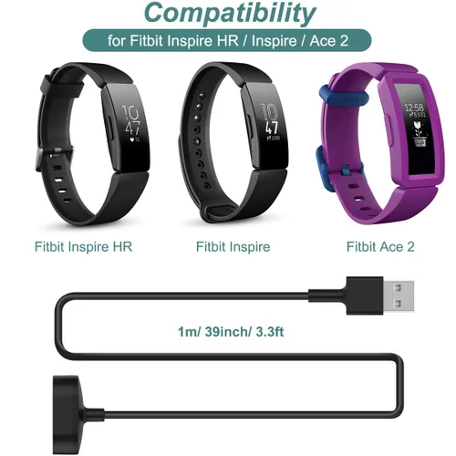 Vista 2 de Cargador para Fitbit Inspire HR y Ace 2, cable de carga USB de repuesto para pulsera inteligente Inspire (3.3 pies/39.4 in)
