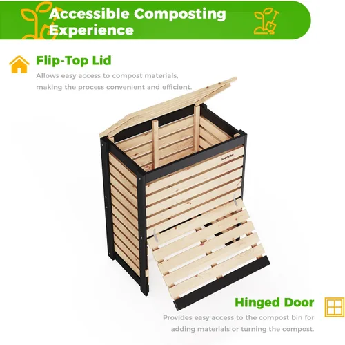 Vista 7 de Cubo de Compostaje de 95 Galones de Madera Sólida, Cubo de Compostaje para Exteriores con Puerta Deslizante, Cubo de Compostaje Grande para el Patio