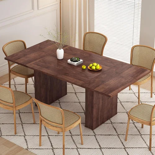 Vista 11 de Mesa de comedor rectangular de 198 cm para 6 a 10 personas, mesa de cocina estilo granja con estrías, mesa larga de madera moderna para cocina