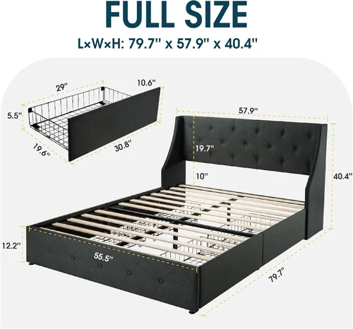 Vista 7 de WEEWAY Base de cama tapizada de tamaño matrimonial con 4 cajones de almacenamiento y cabecera con respaldo de ala, diseño capitoné, no necesita