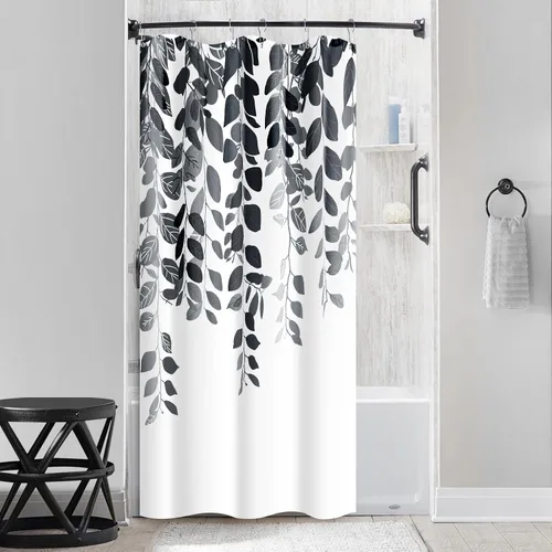 Vista 5 de BOODII Cortinas de ducha negras de 36 x 72 pulgadas, cortina de ducha de eucalipto de primavera para baño, cortina de baño con textura de flameado