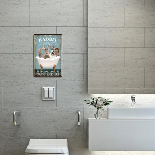 Vista 5 de Divertido letrero de metal para decoración de conejo, póster de arte de pared de baño, decoración retro para el hogar, para amantes de los conejos