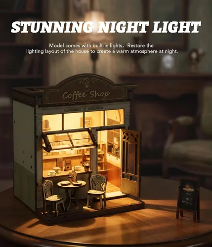 Vista 6 de Kit de rincón de libros DIY Cafetería Casa en miniatura Rompecabezas de madera 3D con luz LED, decoración de estantería pequeña kit de construcción