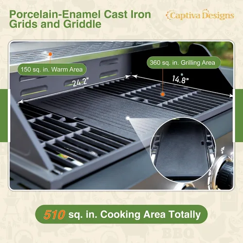 Vista 3 de Captiva Designs Parrilla de barbacoa de gas propano de 4 quemadores con quemador lateral y rejillas de hierro fundido esmaltado de porcelana, salida