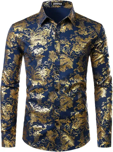 Vista 26 de ZEROYAA Men's Luxury Paisley Floral Printed Button Down Shirt Zhcl36-negro oro