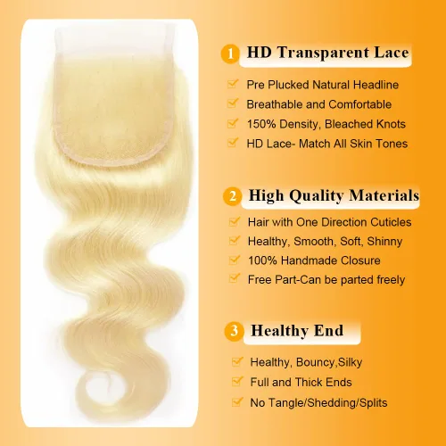 Vista 7 de QTHAIR Extensiones de cabello humano brasileño ondulado de grado 18A #613 con cierre de encaje HD 4x4