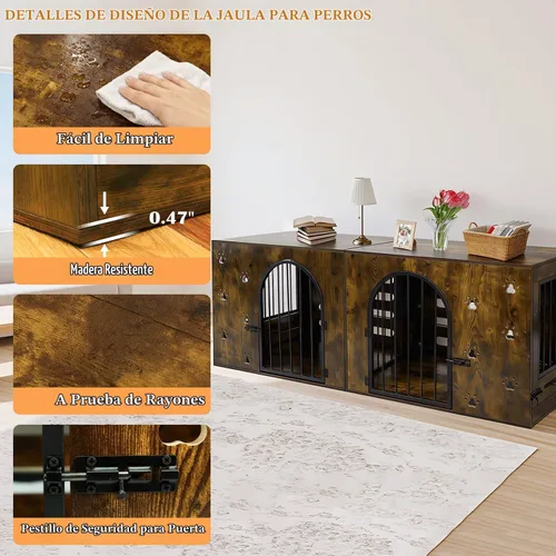 Vista 2 de Mueble de jaula para perros de 63" para 1 o 2 perros, perrera individual/doble de servicio pesado con cuencos, jaula de madera y metal estilo granja