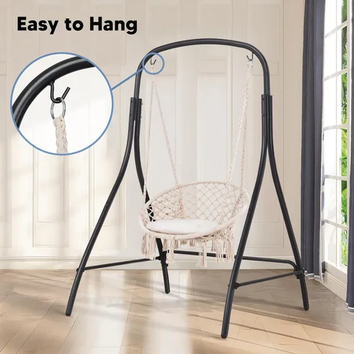 Vista 7 de Silla Hamaca Colgante de Interior con Soporte, Silla Colgante de Exterior con Soporte, Capacidad de 400 libras, Beige