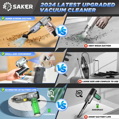 Vista 3 de Saker Aspiradora de Mano para Coche Portátil Inalámbrica 17000PA Mini Aspiradoras Recargables Aspiradora Plegable con Motor Sin Escobillas