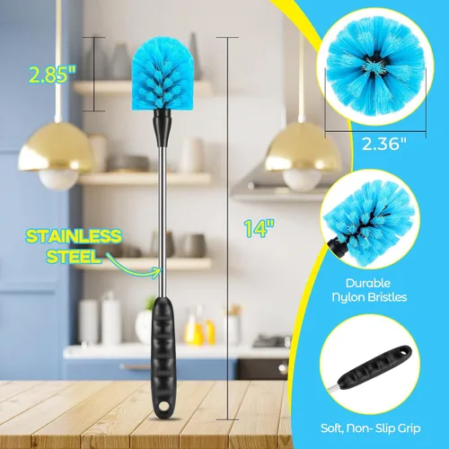 Vista 3 de Juego de 5 cepillos de limpieza de botellas, cepillo de limpieza con mango de acero inoxidable de 35.56 cm de largo y 3 cepillos para pajitas