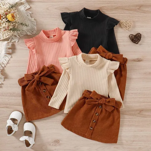 Vista 7 de TBUIALL Conjunto de dos piezas para niñas pequeñas, con volantes, manga larga, acanalado, cuello alto, camiseta de cuello alto, camiseta para bebé