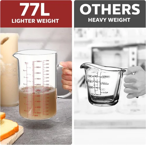 Vista 6 de Lallisa Juego de 3 tazas medidoras de vidrio de borosilicato alto con asa en forma de V, 4, 2, 1 taza y 3 escalas (onzas, taza, ml), para cocina