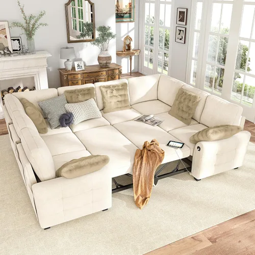 Vista 9 de Hanherry - Sofá seccional con sofá cama extraíble, sofá cama de chenilla con 2 asientos de almacenamiento y carga USB, cómodos sofás modulares