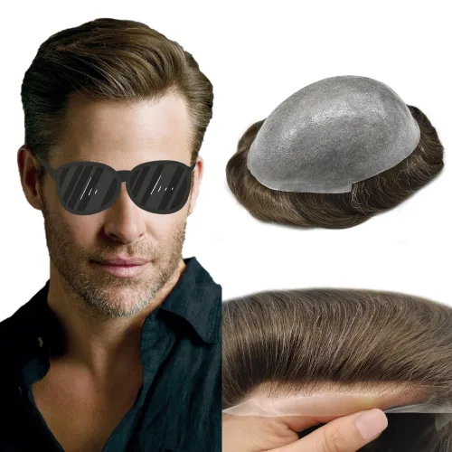 Vista 59 de Tupé de piel ultra fina para hombres pieza de cabello humano real sistema de reemplazo 0.002 in Mens Toupee Hairpiece para hombres V-Loop 8x10 80%