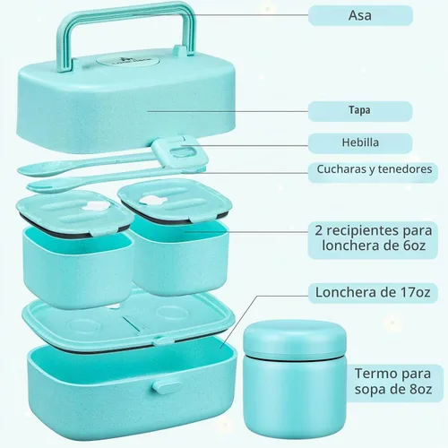 Vista 3 de Lonchera Bento para niños con termo de sopa de 8 onzas, 2 recipientes de alimentos a prueba de fugas, una bolsa de almuerzo, tarro de comida