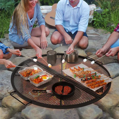 Vista 7 de X-Marks Rejilla portátil para fogata y parrilla de cocina, rejilla plegable redonda para fogata de camping, rejilla de parrilla para fogata con asas