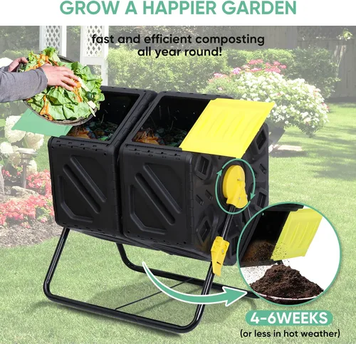 Vista 6 de JupiterForce Contenedores de compostaje de doble cámara, vaso giratorio de compost con 2 puertas correderas para jardines al aire libre, para todas