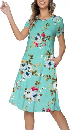 Vista 2 de Levaca vestido midi informal drapeado de vuelo suelto con bolsillos y cuello redondo plano, para mujer