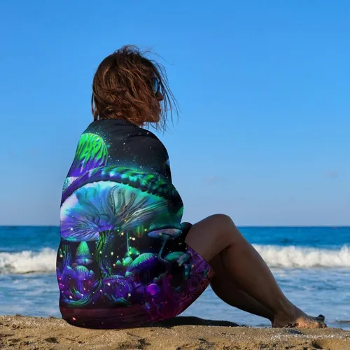 Vista 4 de Toalla de playa de hongos gigantes, temática de fantasía de plantas de bosque natural espacial para campamento/baño/toalla de baño para adultos