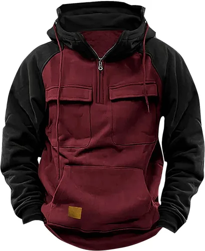Vista 15 de Sudaderas tácticas para hombre, con cremallera de un cuarto, con capucha, manga larga, estilo cargo, entrenamiento, al aire libre, con bolsillo