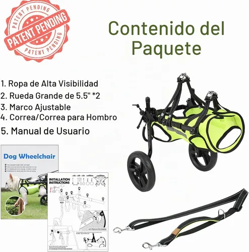 Vista 7 de Silla de ruedas ajustable para patas traseras, para perros de todas las razas, incluye chaleco de alta visibilidad, correa y elevación