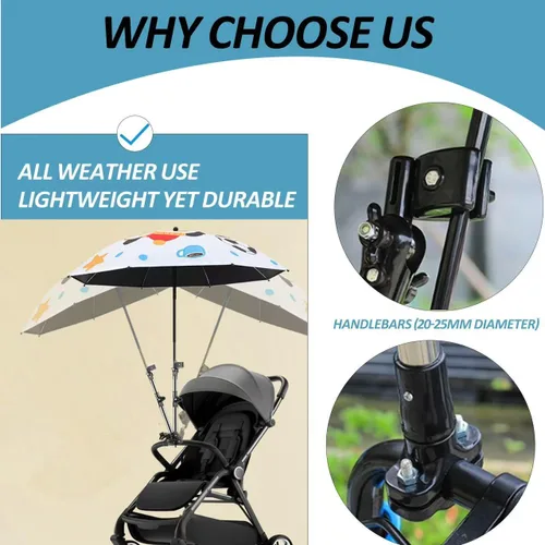 Vista 4 de Portaparaguas para bicicleta para silla de ruedas y andador, abrazadera ajustable de acero inoxidable resistente - Se adapta a tubos de 0.8-1