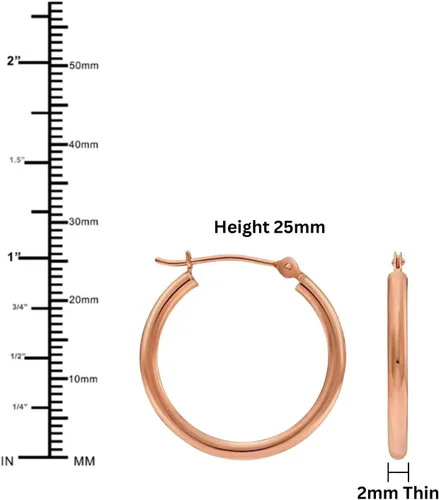 Vista 3 de Aretes de aro redondos pulidos clásicos de oro rosa de 14 quilates, tubo de 0.079 in