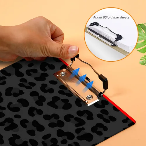 Vista 6 de Portapapeles con estampado de leopardo negro con soporte para bolígrafo, tamaño carta A4, lindo portapapeles de plástico con clip de perfil bajo