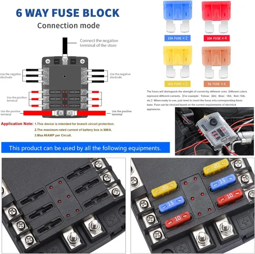 Vista 3 de Bloque de fusibles de 6 vías de 12 V con indicador LED, 300/45 A con cubierta antipolvo, terminal positivo individual de 6 vías y portafusibles