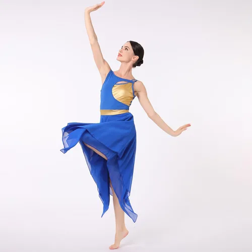 Vista 4 de AFAVOM Disfraz de baile lírico para mujer, vestido de lentejuelas con flores, falda asimétrica de tul fluida, disfraces de danza contemporánea