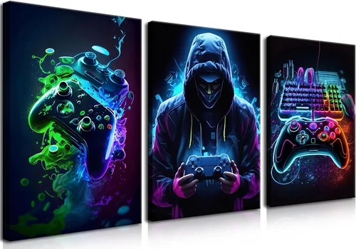 Vista 10 de BGFCE Arte de Lienzo de Pared para Gaming, Pinturas de Arte de Controlador de Juego con Salpicaduras de Tinta de Color, Pósteres para Estética