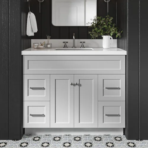 Vista 16 de DKB Isabella - Mueble de baño negro de 42 pulgadas con fregadero, lavabo rectangular, encimera de cuarzo blanco puro y protector contra salpicaduras