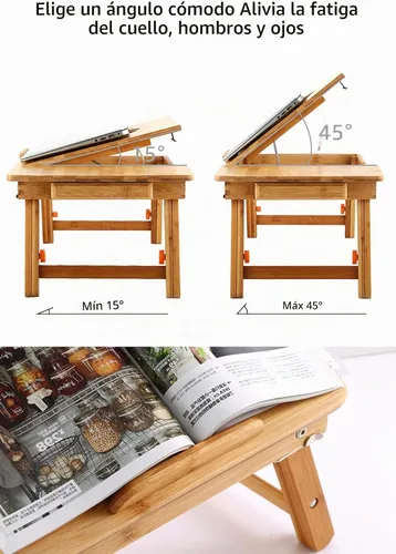 Vista 6 de Mesa para laptop Nnewvante ajustable de bambú, bandeja plegable para servir el desayuno en la cama con cajón superior inclinable