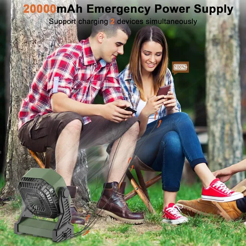 Vista 5 de KITWLEMEN - Ventilador de campamento alimentado por batería de 20 000 mAh, refrigeración máxima de 58 horas, 4 velocidades, luz brillante y gancho