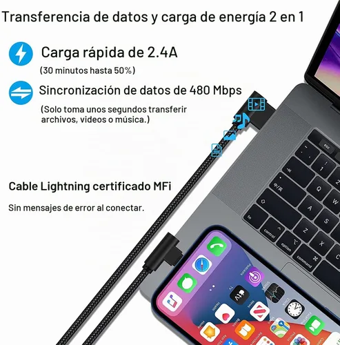 Vista 3 de Cargador para iPhone de 1 pie con certificado MFi corto de 90 grados