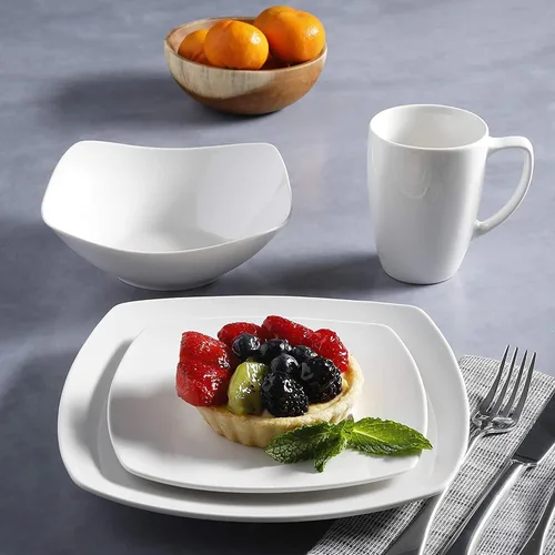 Vista 6 de Gibson Home 102539.16RM - Juego de vajilla cuadrada de porcelana clásica de 16 piezas con platos, cuencos y tazas de varios tamaños, color blanco