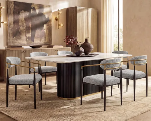 Vista 19 de Juego de mesa de comedor moderno Morden Fort para 4, mesa de cocina de 70" con tapa rectangular de mármol y base estriada negra, 4 sillas tapizadas