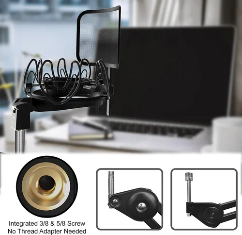 Vista 5 de Soporte universal para micrófono con filtro pop para todos los tamaños de micrófonos de 0.827 in-2.441 in, incluye soporte de micrófono Negro