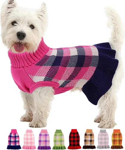 Vista 9 de Vestido suéter para perro, ropa de punto a cuadros para perros pequeños y medianos, cálido pullover de cuello alto elástico para cachorro y mascota