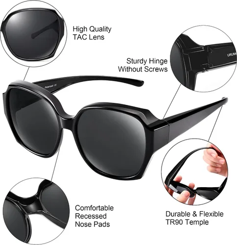 Vista 6 de URUMQI Gafas de sol polarizadas que se ajustan sobre las gafas para mujer, protección UV400, lentes de sol extragrandes