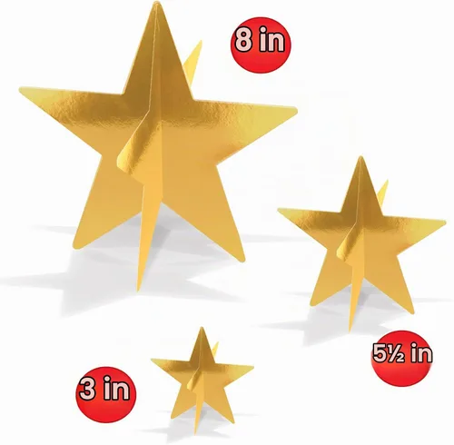 Vista 2 de Beistle Centros de mesa dorados de aluminio 3D, 9 unidades – Decoraciones de mesa estrelladas metálicas en 3 tamaños para Nochevieja, noche