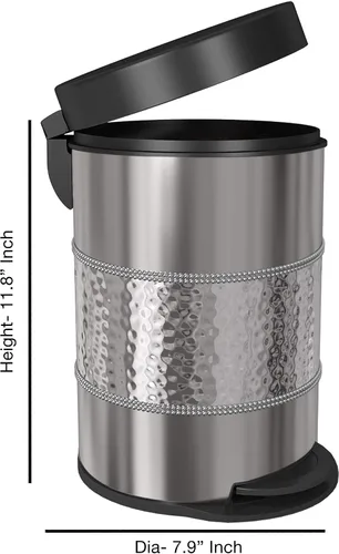 Vista 2 de nu steel Cubo de basura redondo de 5 litros con escalón de metal pequeño, contenedor de basura, para baño, tocador, dormitorio, cocina, oficina