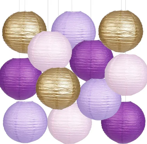 Vista 8 de Faroles de papel decorativos, faroles chinos redondos colgantes rosados con luces para compromiso, despedida de soltera, fiesta de cumpleaños, 12