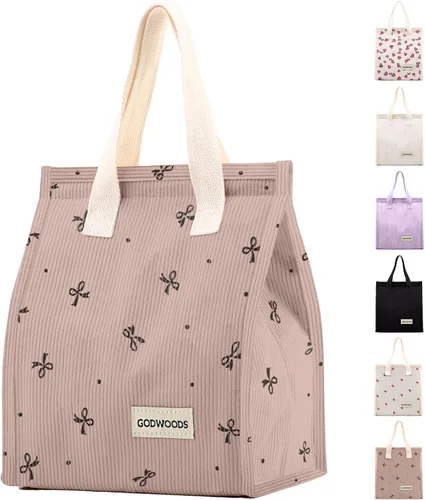 Vista 11 de TELLUMO Bolsa de almuerzo de corduroy para mujeres y hombres, linda bolsa de almuerzo con aislamiento y gran capacidad (7.5L), bolsa de almuerzo
