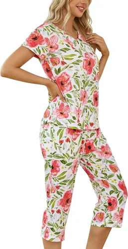 Vista 8 de ENJOYNIGHT Conjuntos de pijama de algodón para mujer, pijamas de verano con pantalones capri, ropa de dormir Gato negro