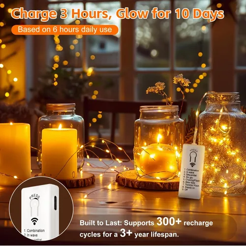 Vista 2 de Paquete de 4 50 luces LED que funcionan con pilas con temporizador de bricolaje, cadena de luces recargables de 16 pies para interiores, 8 modos