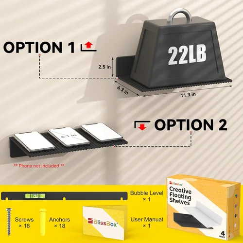 Vista 2 de BlissBox - Juego de 4 estantes flotantes para pared compatibles con Negro