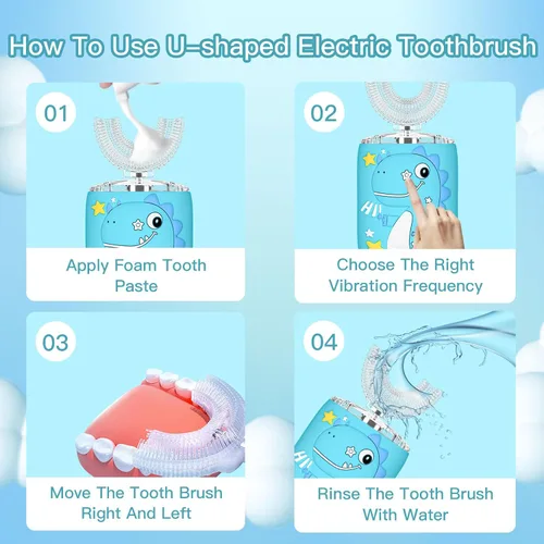 Vista 8 de Cepillo de dientes eléctrico en forma de U para niños, dinosaurio sónico, de boca completa, con 4 cabezales de cepillo suave, automático, 6 modos