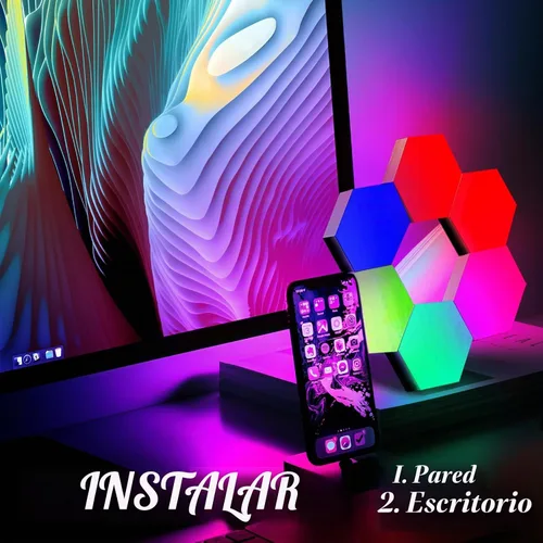 Vista 4 de ODISTAR Lámpara de pared hexagonal con control remoto, inteligente, sensible al tacto, geométrica, modular, RGB montada, luz colorida con Paquete